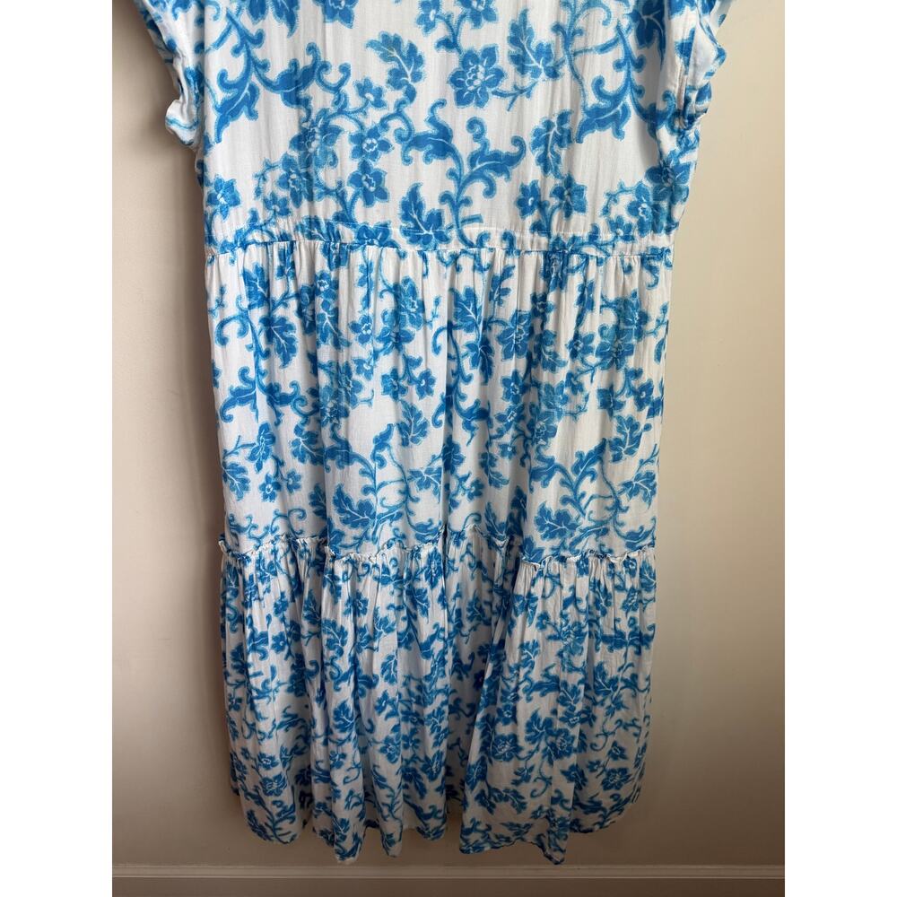 Ro's Garden Floral Print Cap Sleeve Tassel Tie Tiered Midi Dress White Blue Med - Picture 10 of 10